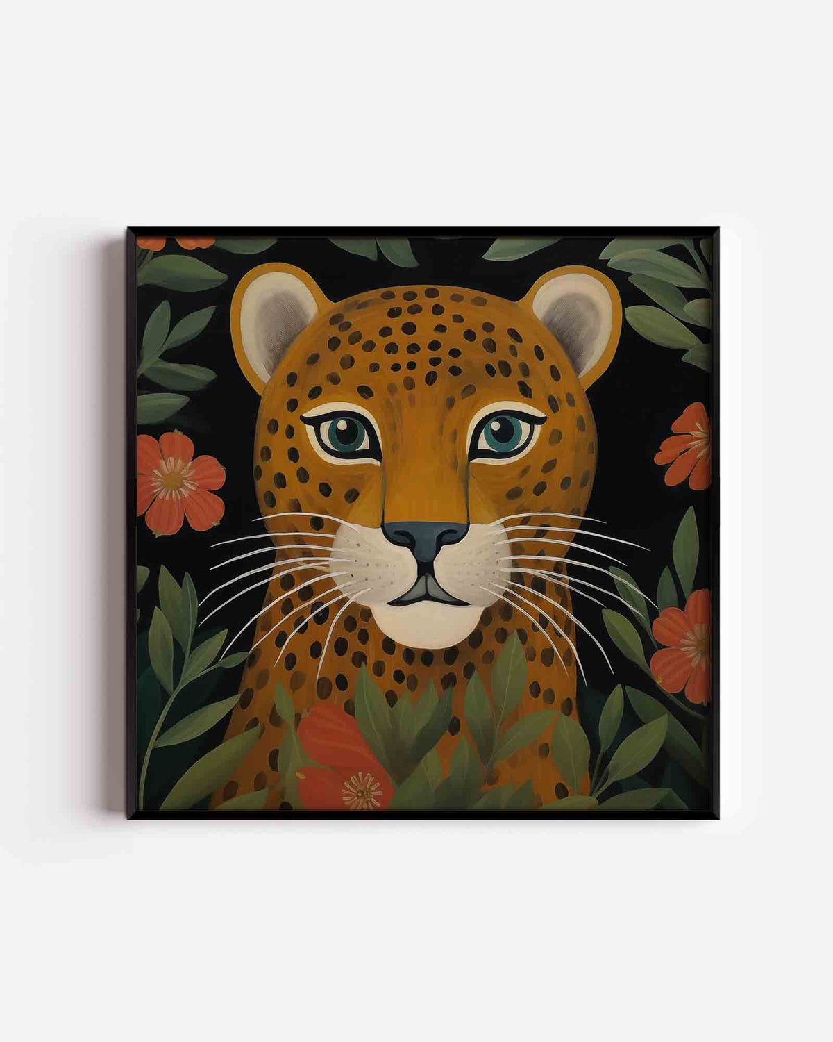 Luipaard met bloemen – vierkante kinderposter als wanddecoratie