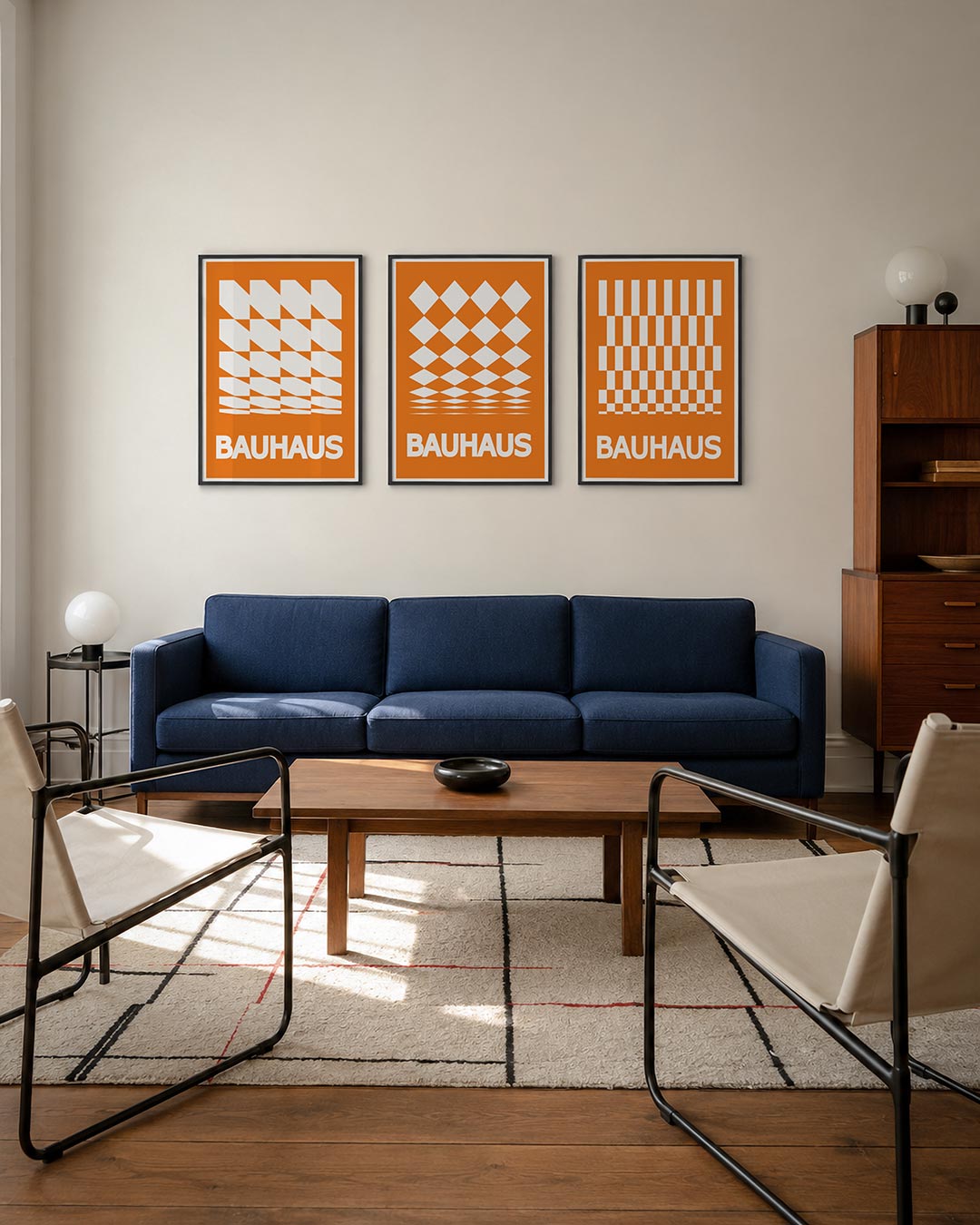 Vorm en kleur driedelige posterset – een levendig spel van oranje en wit, met dynamische lijnen en blokken die een ritmische