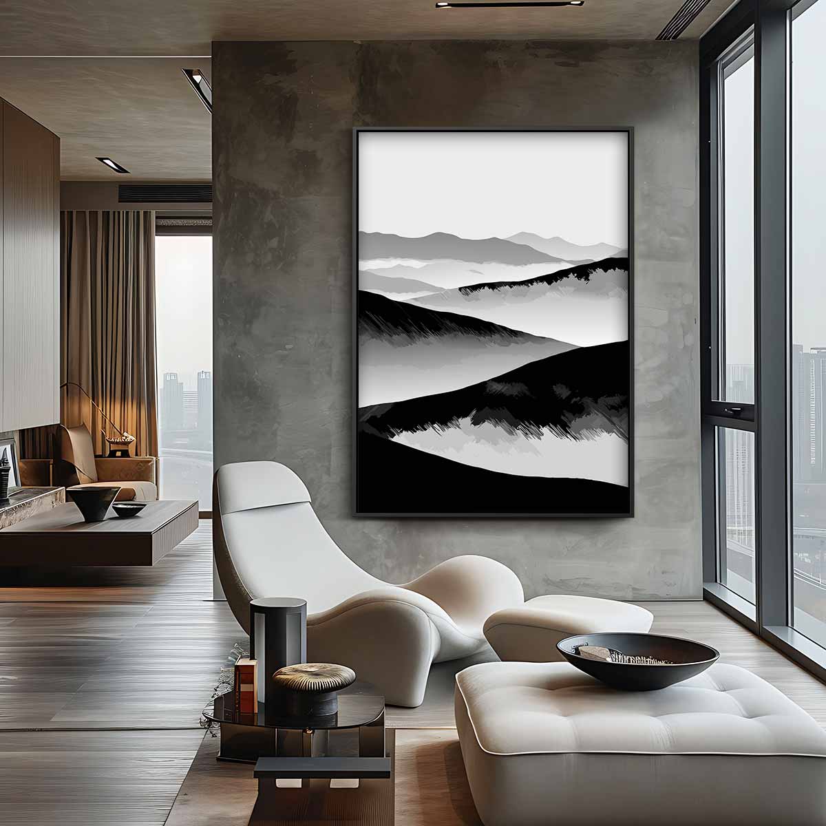 Sereen Berglandschap in Grijstinten – canvas wanddecoratie in portret formaat