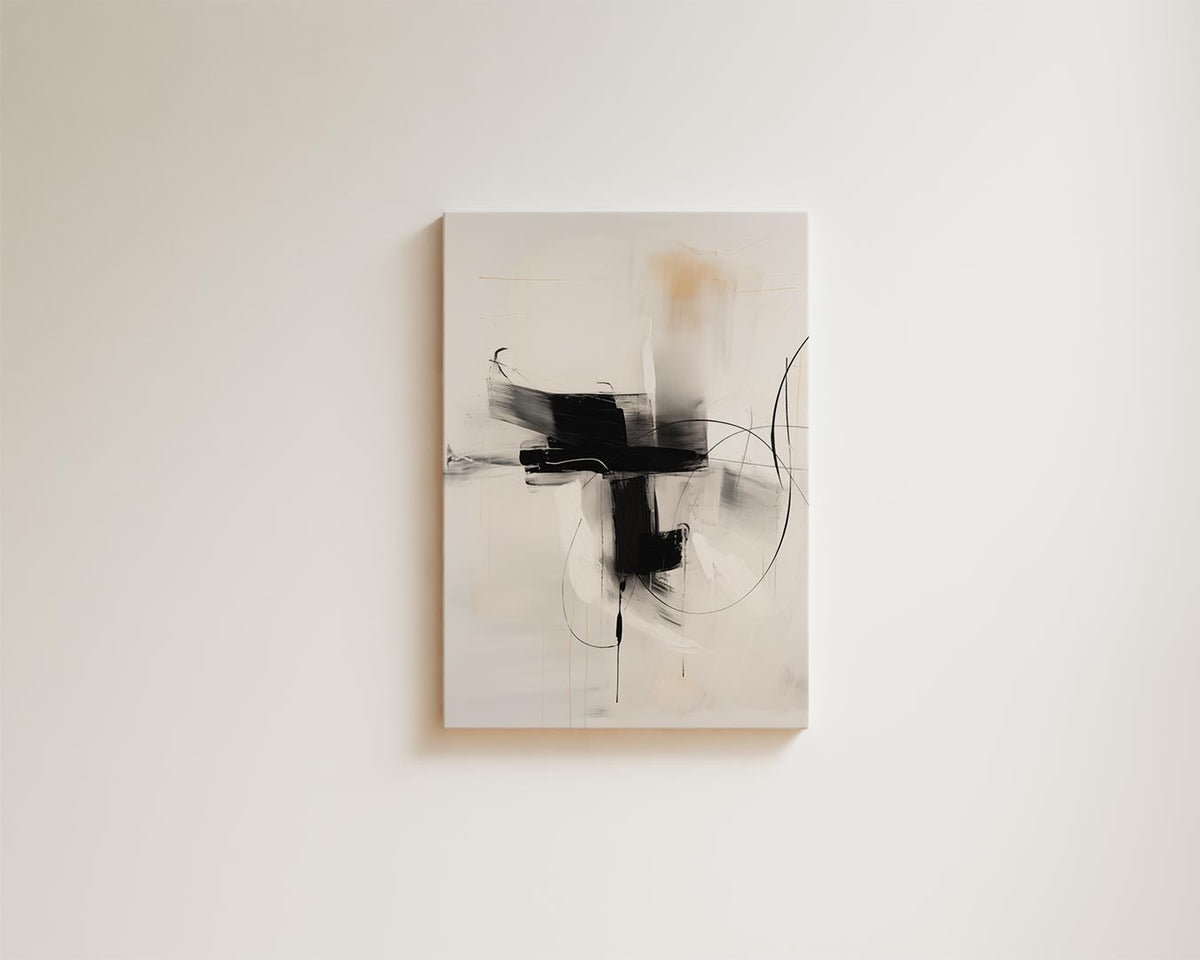 Dynamisch Abstract Zwart-Wit Schilderij – kunstwerk met zwarte baklijst