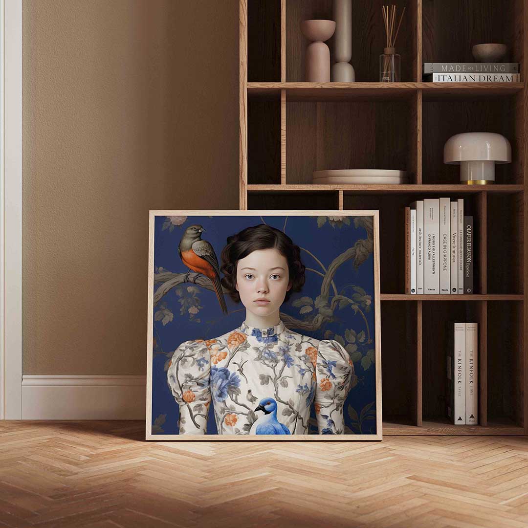 Meisje met vogels – kleurrijke vierkante wanddecoratie van WallArtistic