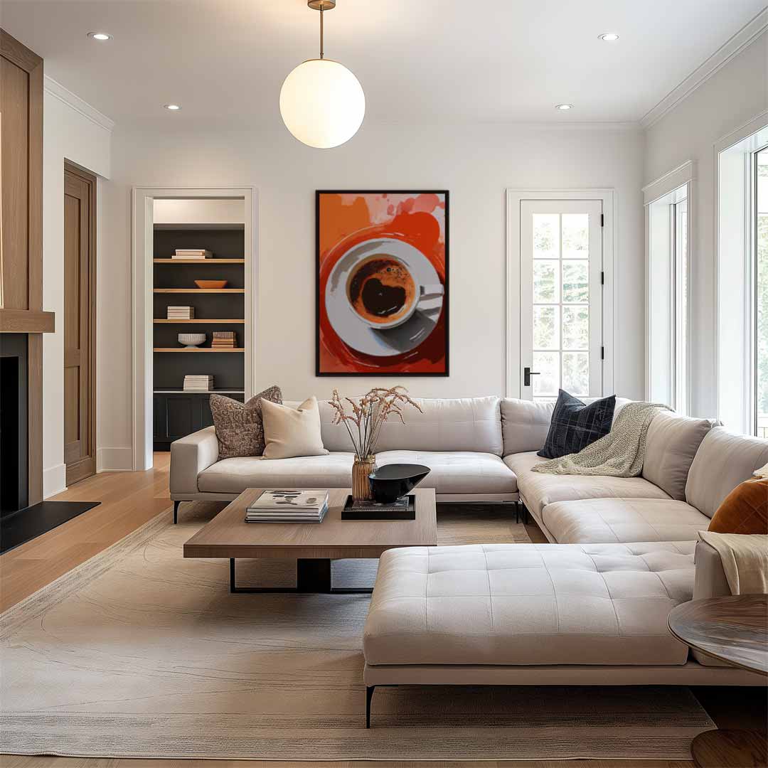 Koffiemoment in Abstracte Stijl – kunstwerk met zwarte baklijst
