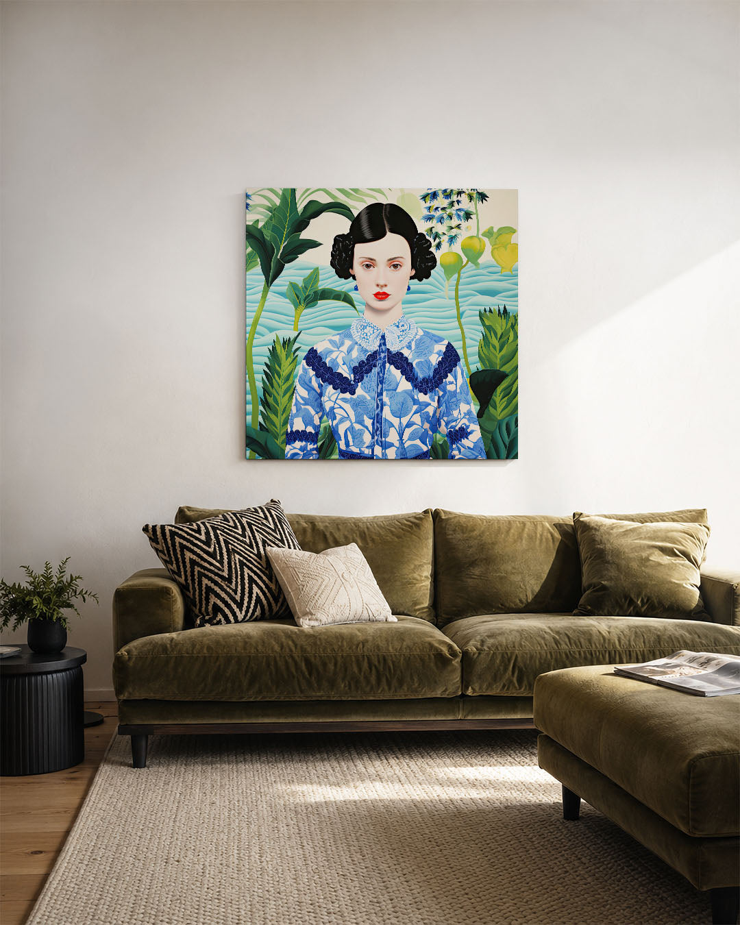 Vrouw in natuurlijke omgeving kunstwerk – derde productweergave – dit werk toont een vrouw met een blauw-wit patroon in een