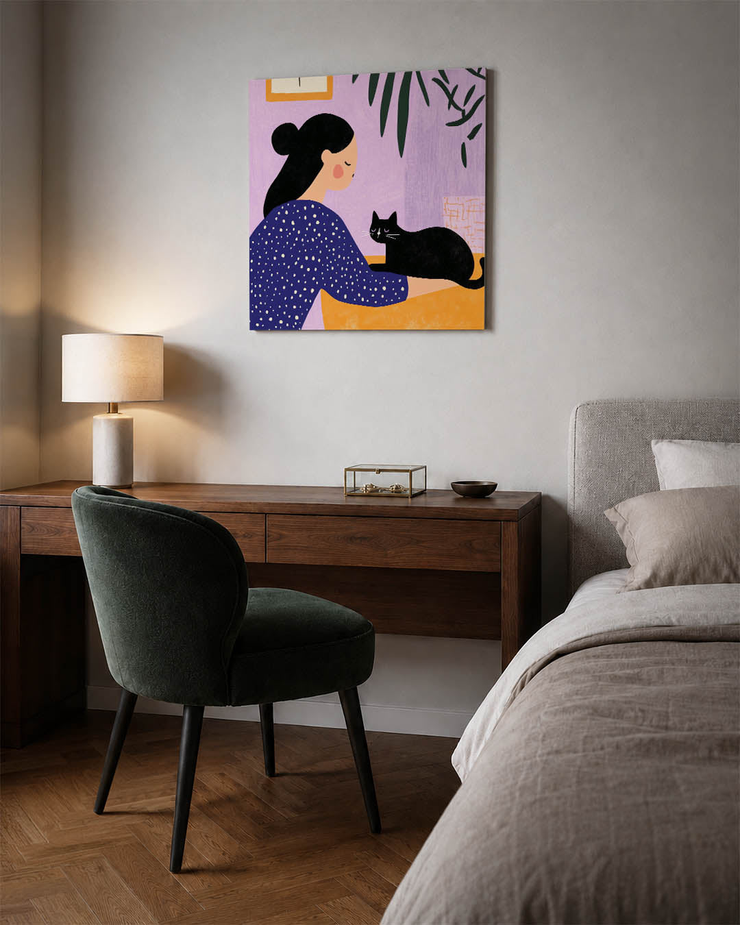 Vrouw met kat kunstwerk – materiaalweergave – dit kunstwerk toont een vrouw met een zwarte kat. De achtergrond is paars met