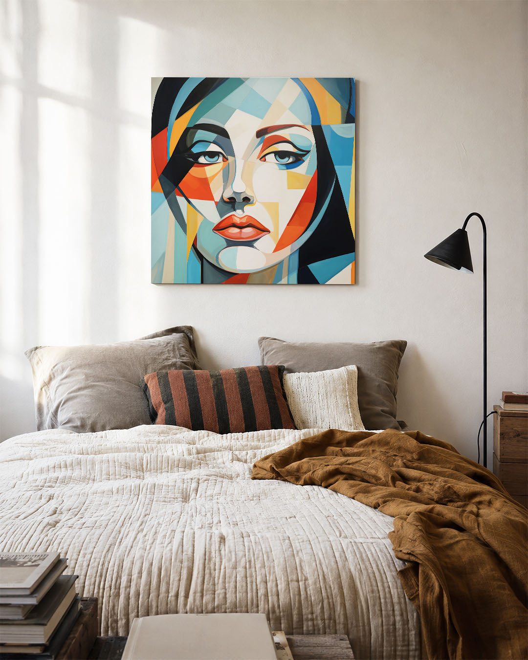 Geometrisch portret kunstwerk – detailweergave – dit werk toont een gezicht opgebouwd uit geometrische vormen en levendige