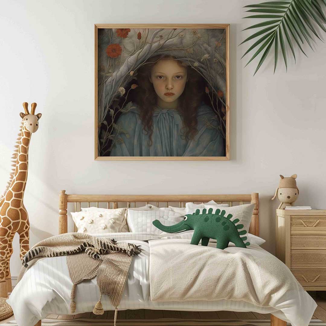 Meisje met bloemen – vierkante kinderkamer wanddecoratie van WallArtistic