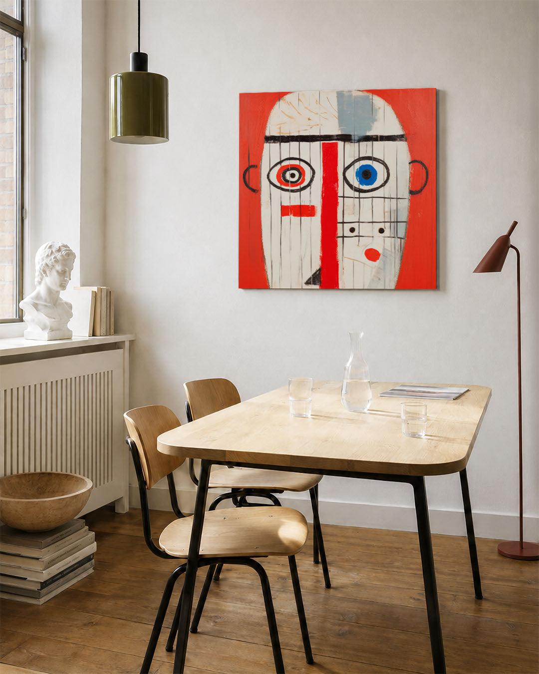 Geometrisch portret kunstwerk – vierkante wanddecoratie – dit werk toont een gezicht met geometrische vormen en lijnen. De