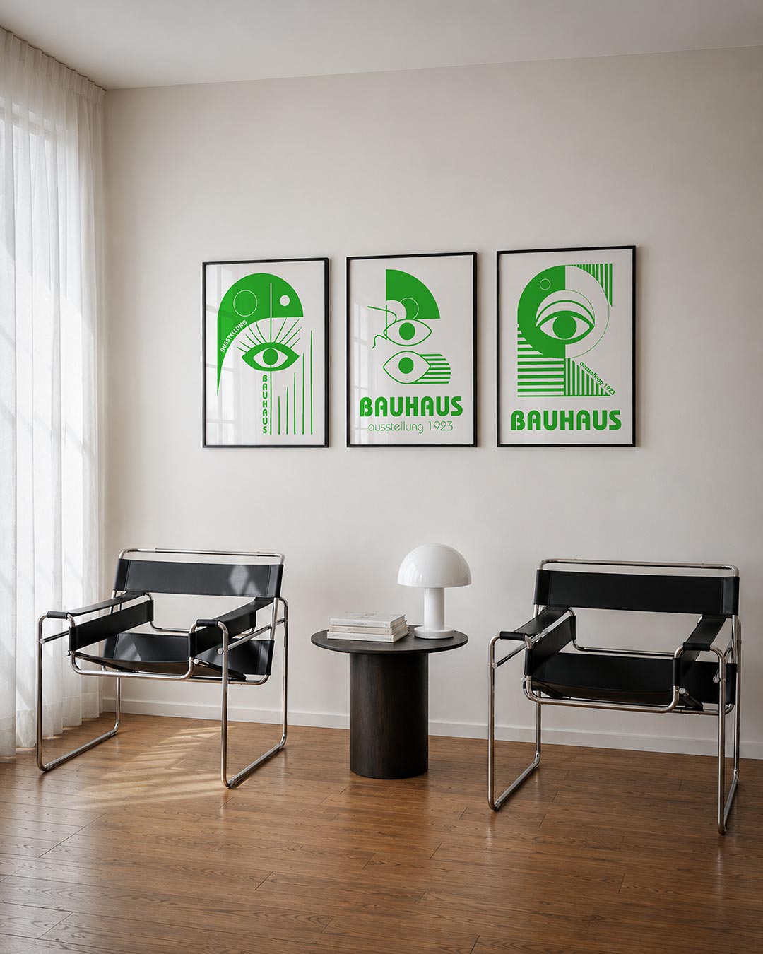 Oog en lijnen posterset – tweede productweergave – een groene compositie met een centraal oog, omgeven door stralen en