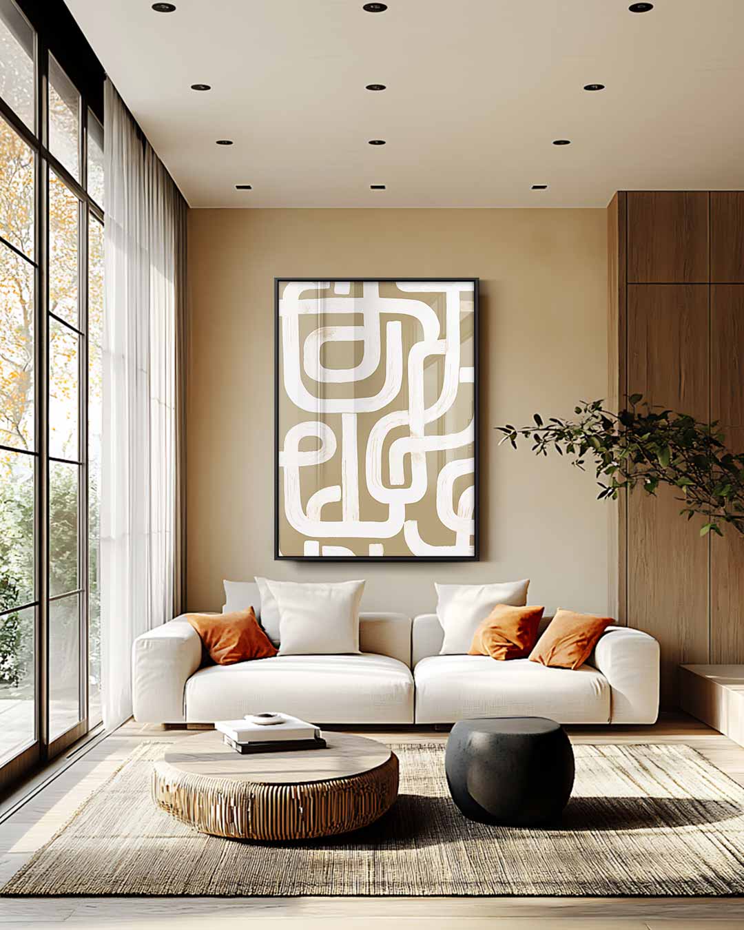 Organische Lijnen in Beige – staande wandkunst voor woonkamer of interieur