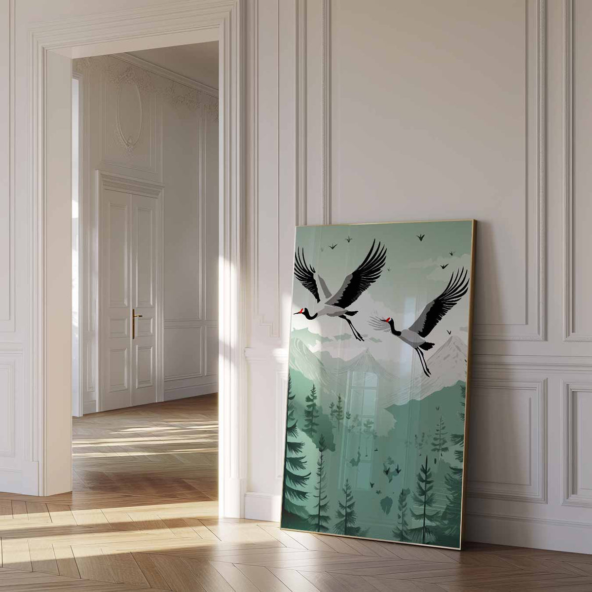 Zwevende Kraanvogels in Berglandschap – dierenposter als moderne staande wanddecoratie
