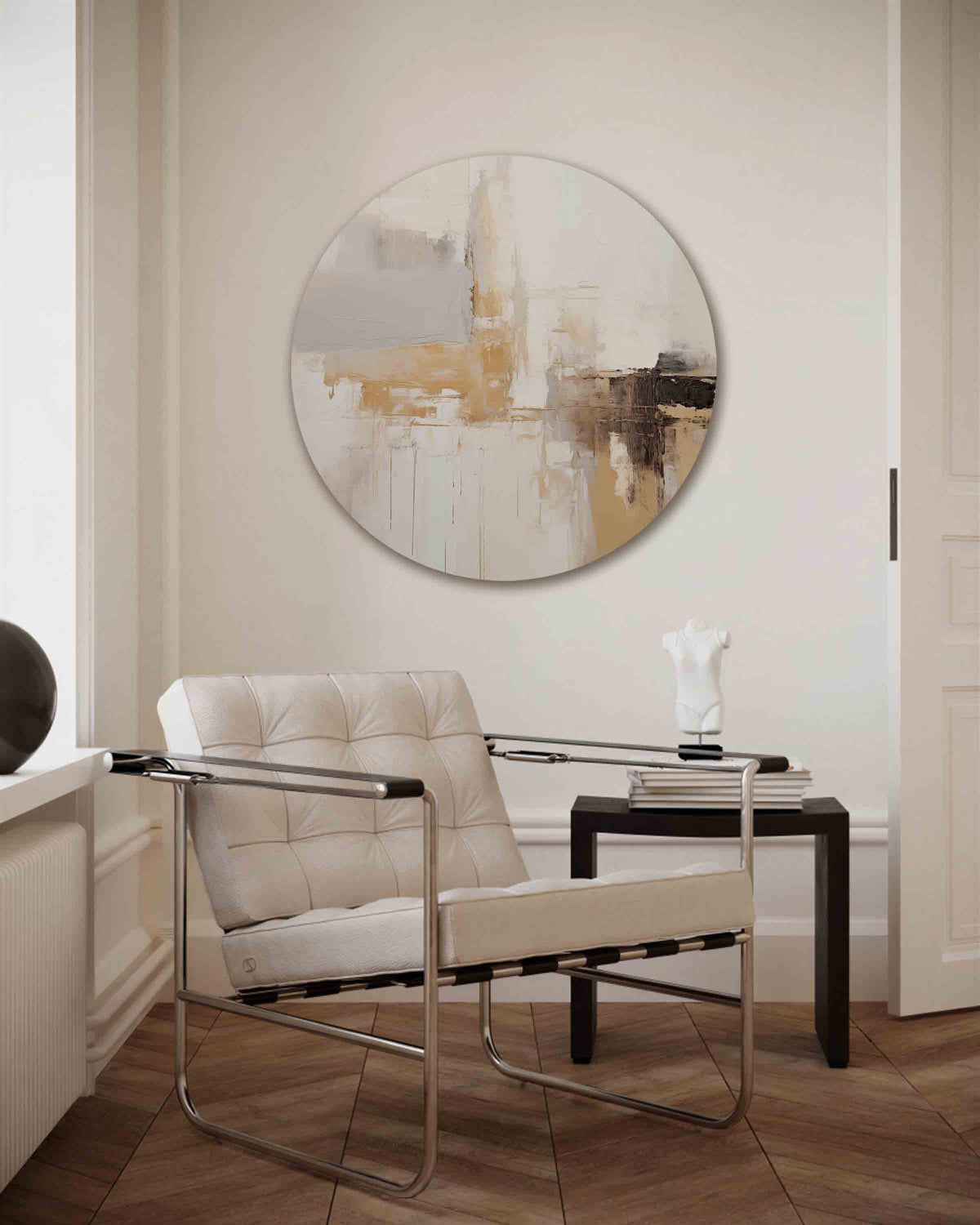 Abstracte beige – kleurrijke muurcirkel als ronde wanddecoratie