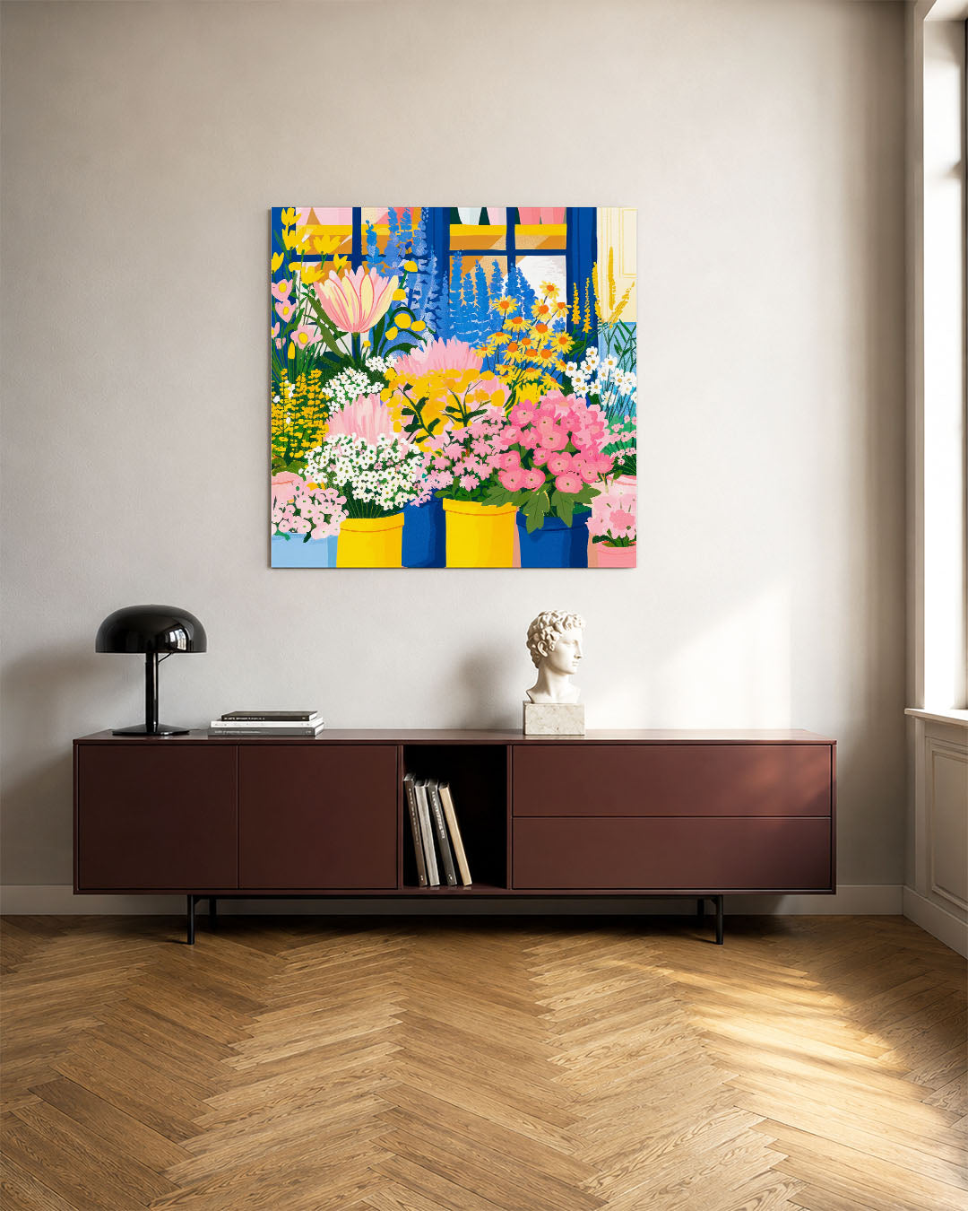 Bloemenexplosie kunstwerk – tweede productweergave – dit kunstwerk toont een levendige verzameling bloemen in diverse