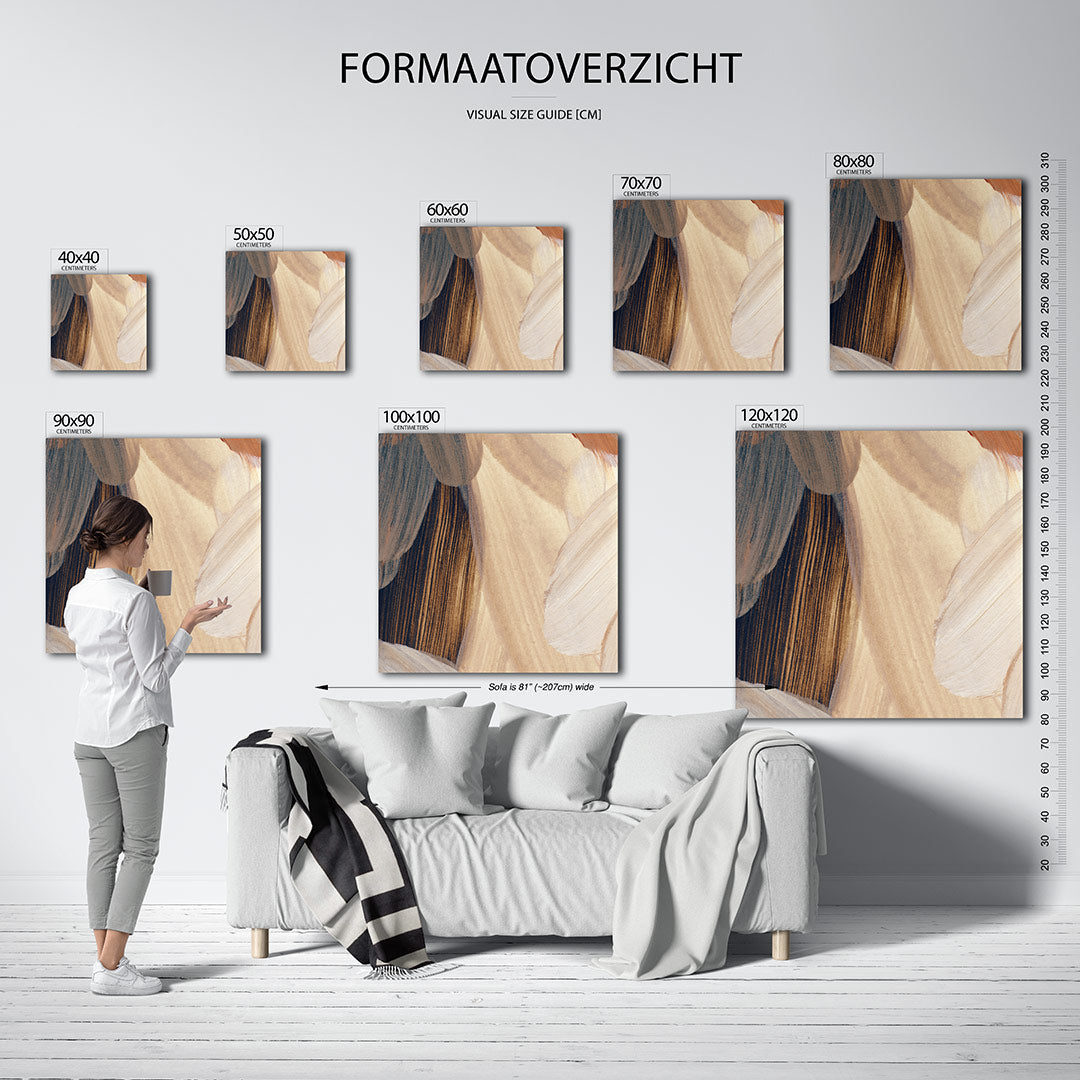 Organische borstels kunstwerk – dit werk toont vloeiende penseelstreken in beige, blauw en bruin. De zachte lijnen en