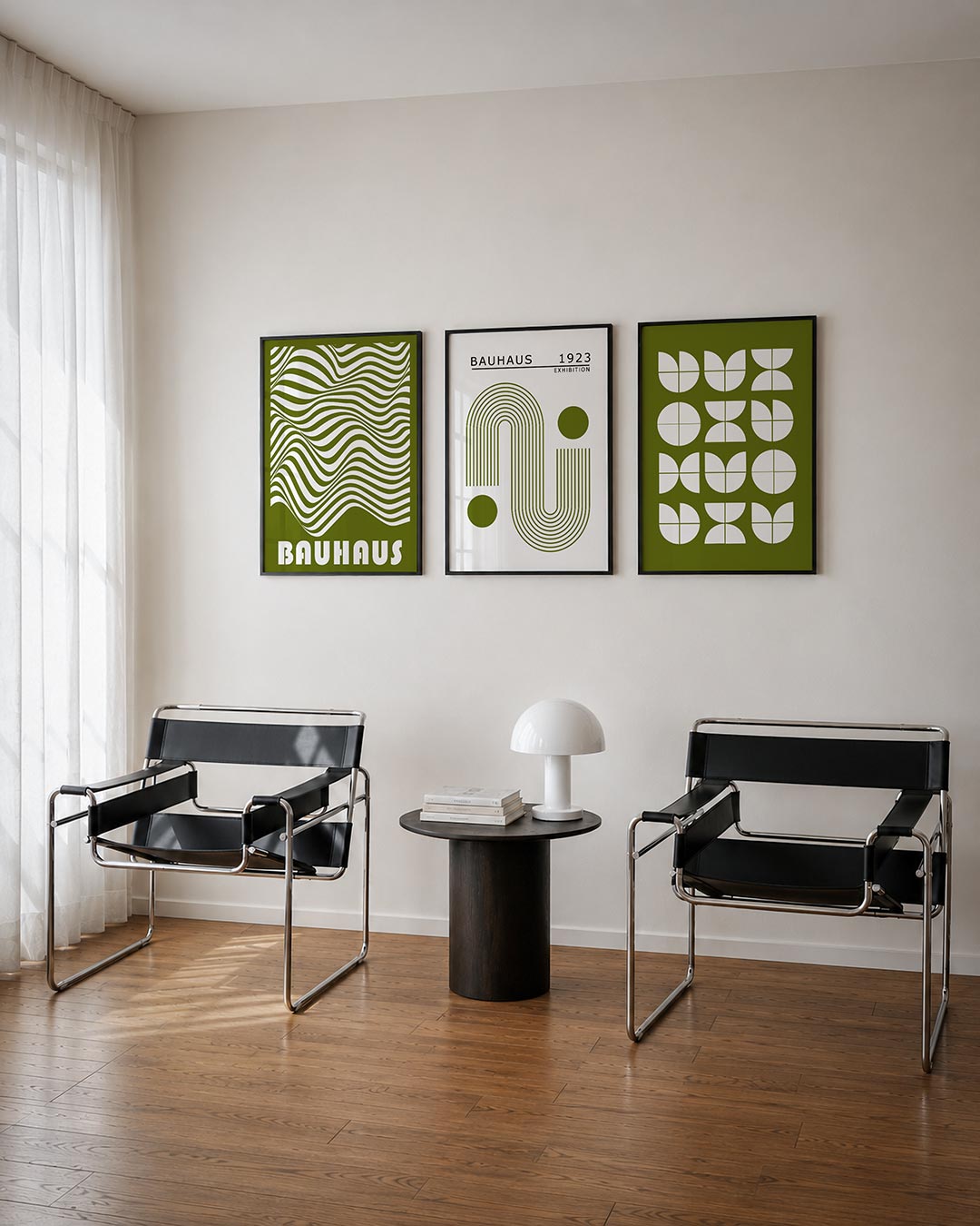 Golvend lijnenspel driedelige posterset – deze posterset toont een dynamisch lijnenspel in olijfgroen en wit. De golvende