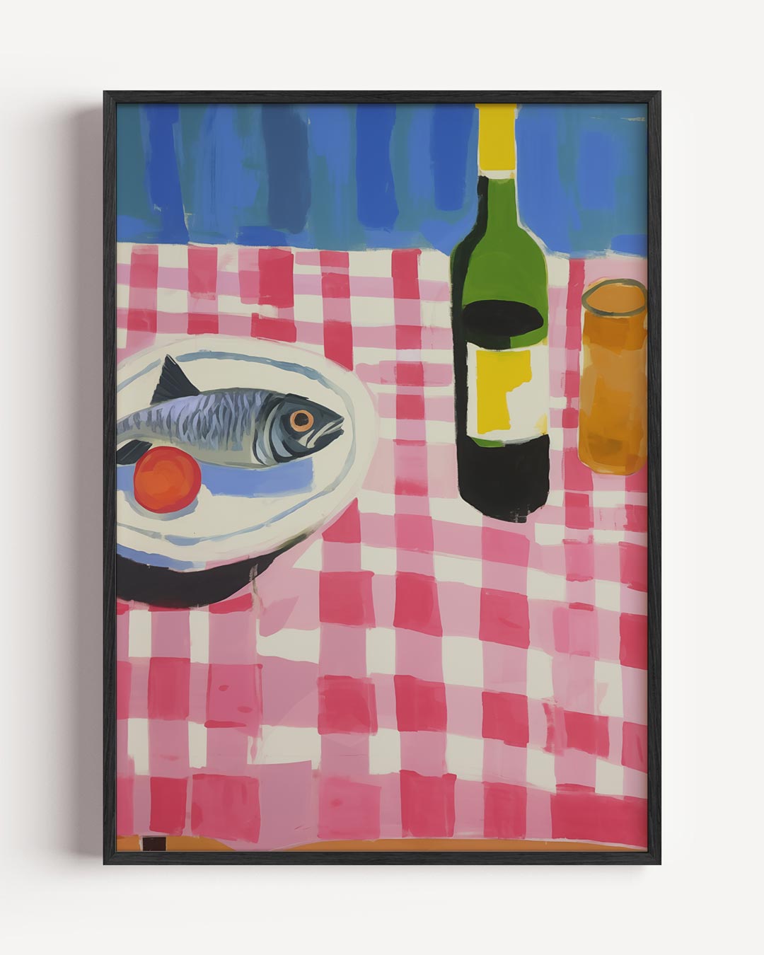 Vrolijke Keukenscène met Vis en Wijn – keuken portret poster als wanddecoratie