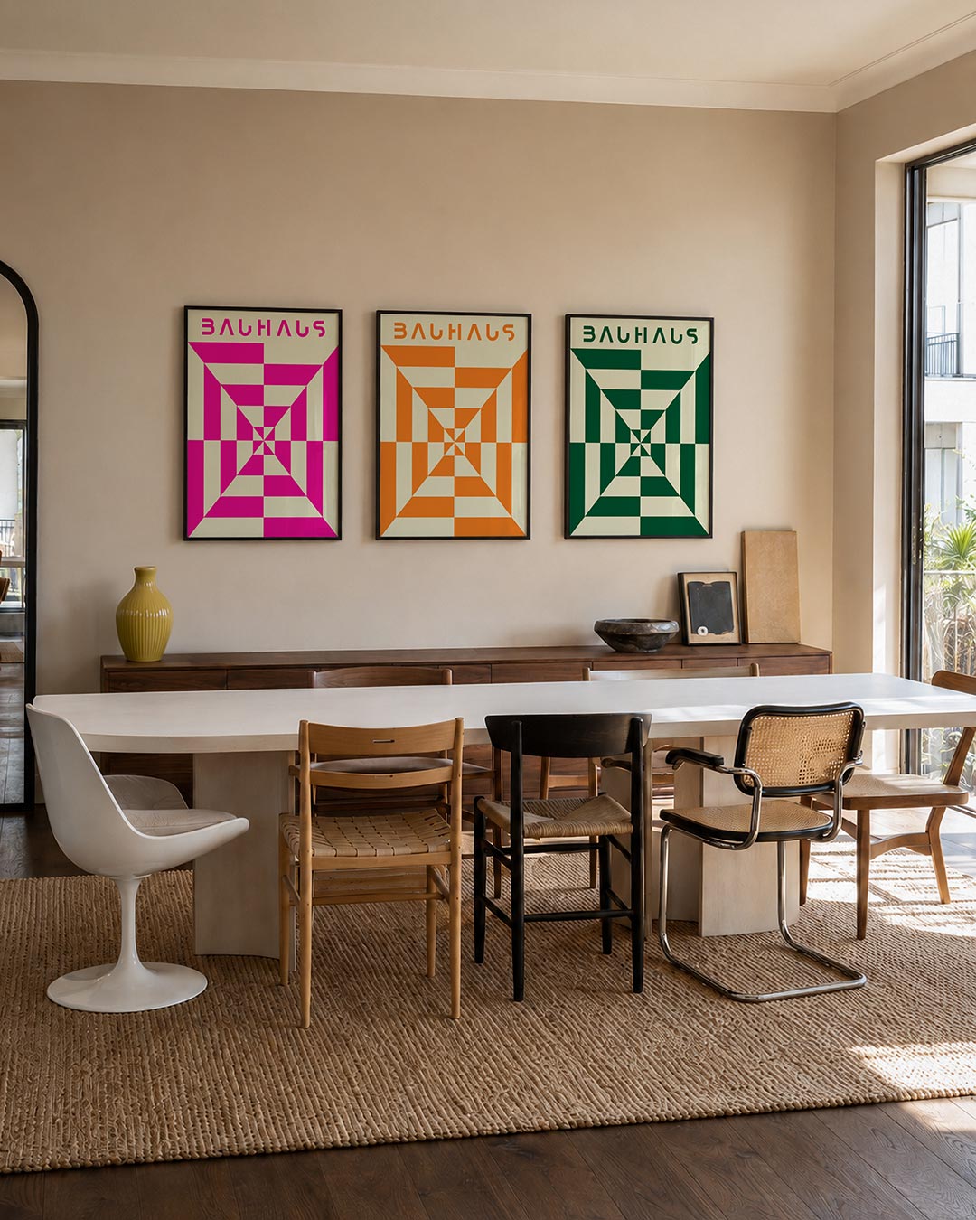 Vorm en kleur driedelige posterset – deze posterset in drie delen toont een dynamisch lijnenspel van roze en beige vlakken.