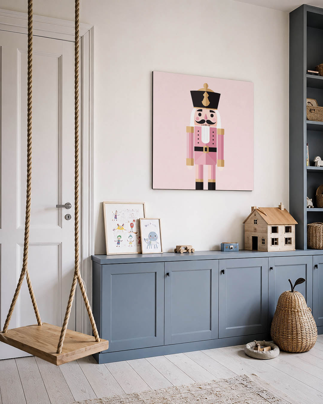 Speelse soldaat kunstwerk – vierkante wanddecoratie – dit kunstwerk toont een figuur in roze tinten met zwarte en beige