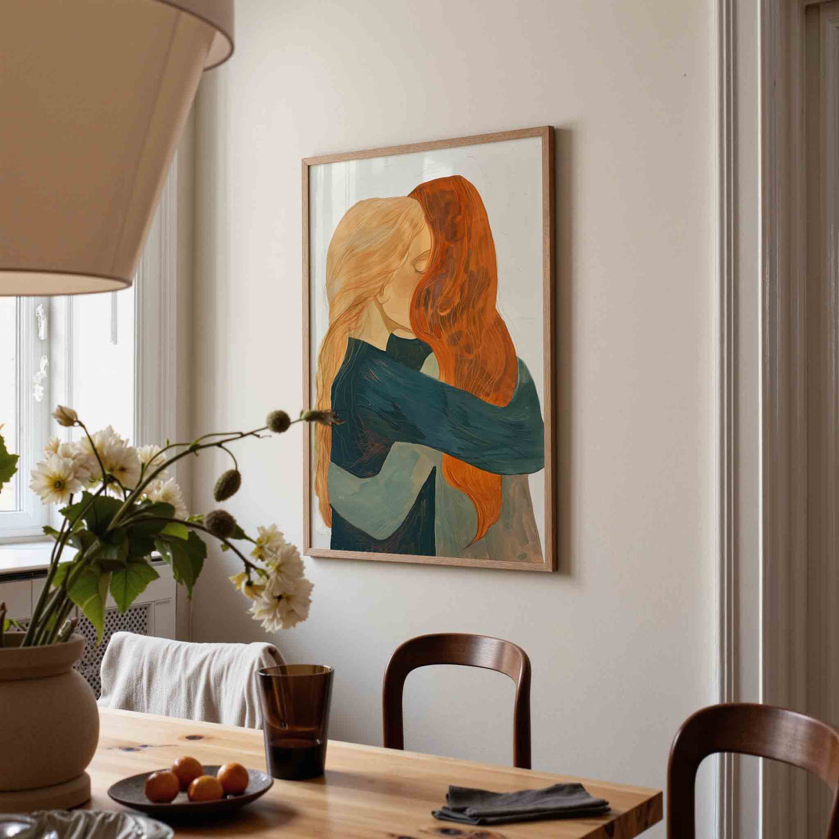 Omhelzing – eigentijdse illustratie poster in staand formaat