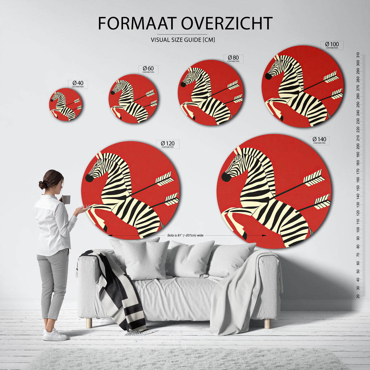 Zebra met pijlen – ronde muurcirkel met kleurrijke illustratie