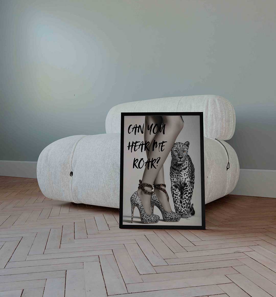 Luipaard en hakken – Pop Art wandkunst als portret poster