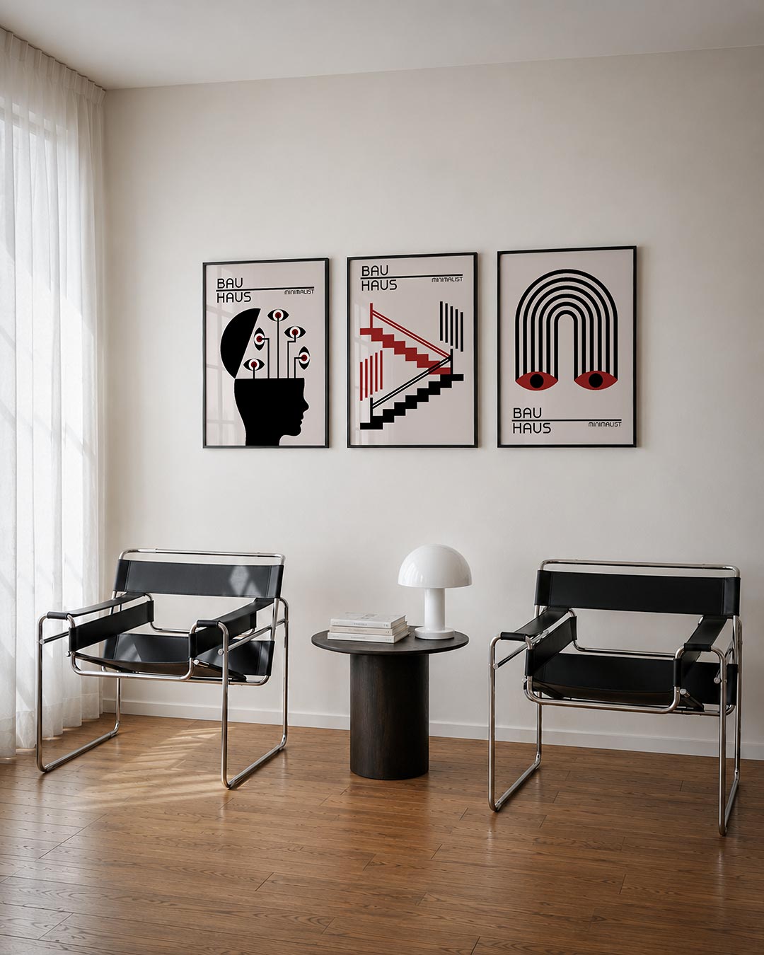 Ooglijnenspel driedelige posterset – een silhouet met lijnen die naar ogen leiden. Zwart, wit en rood creëren een sterk