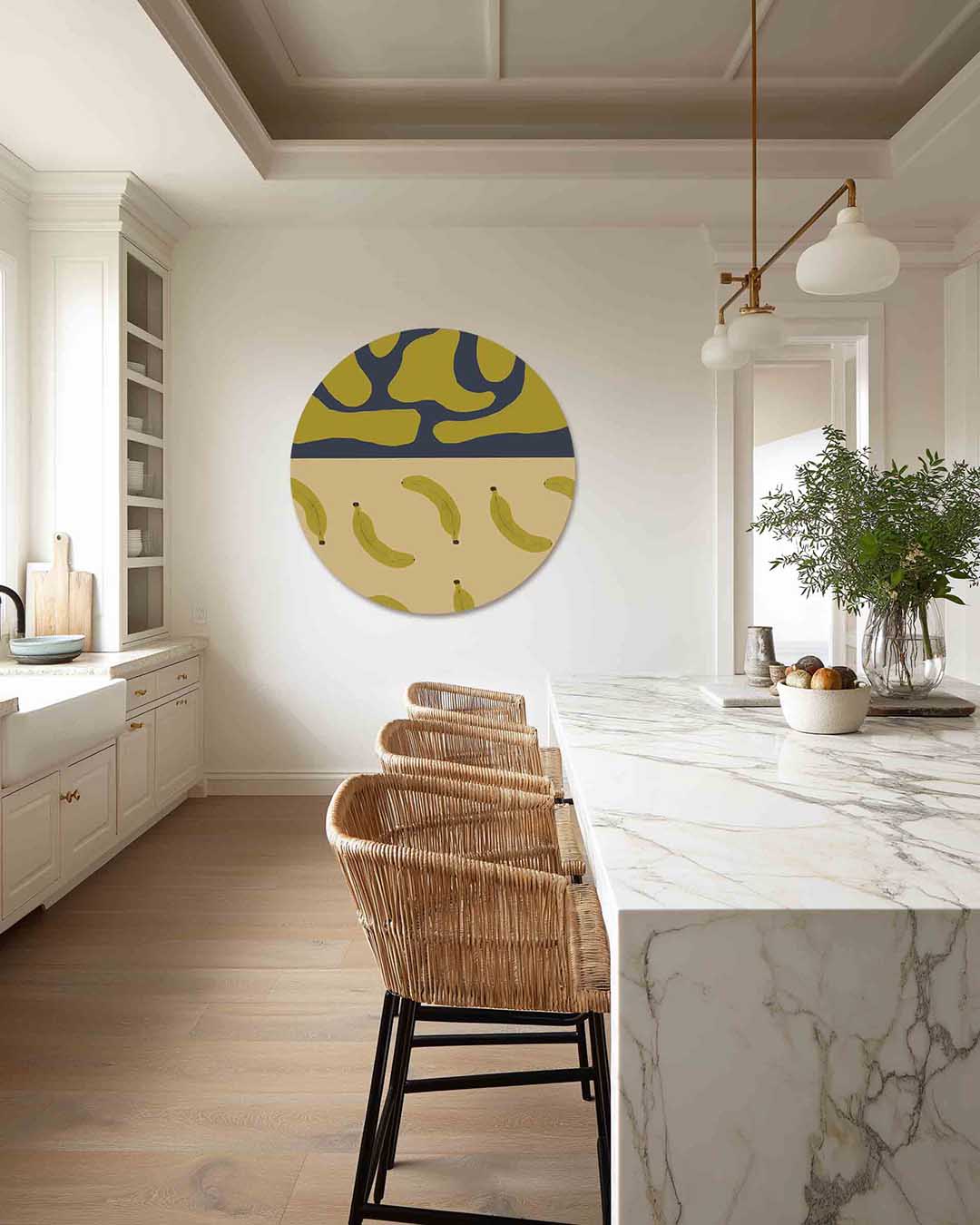 Bananen en vormen – abstracte muurcirkel als ronde wanddecoratie