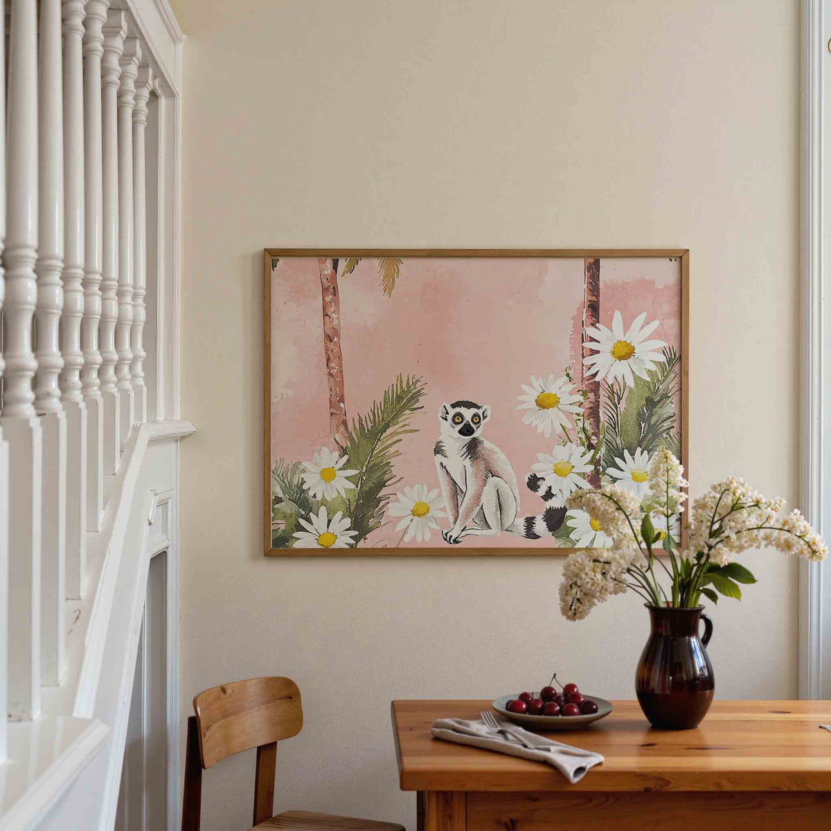 Lemur en bloemen – dieren poster in liggend formaat