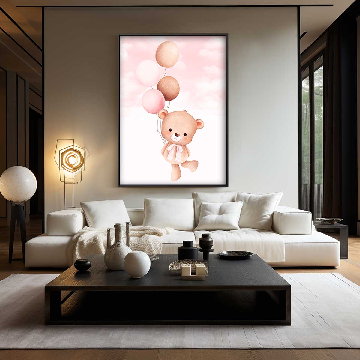 Dromerige Teddy met Ballonnen – canvas wanddecoratie in portret formaat