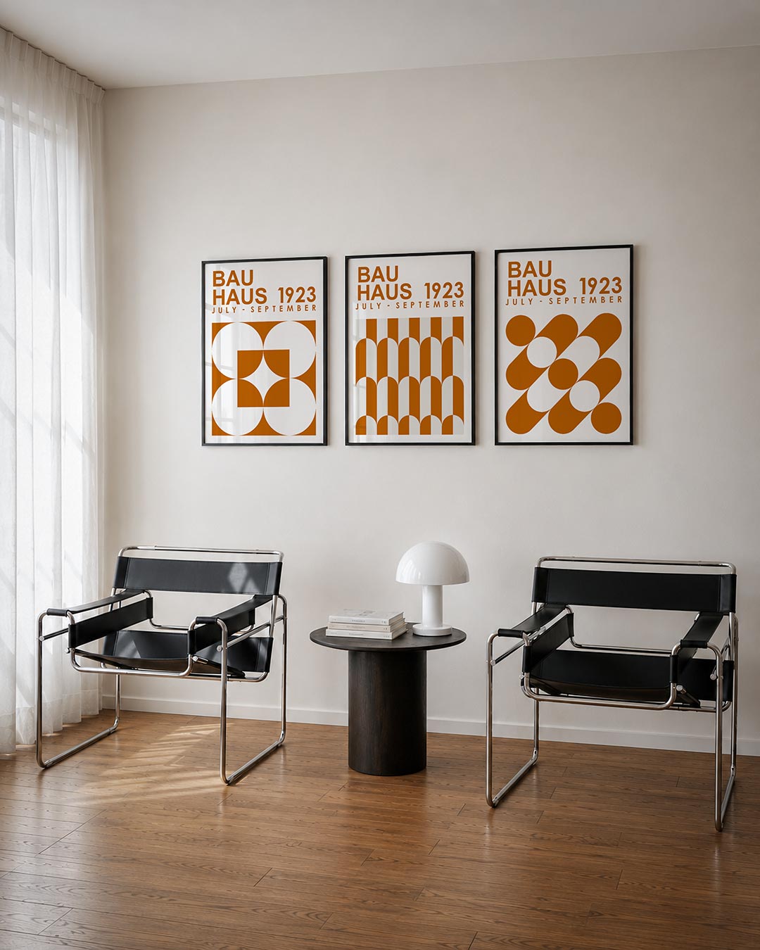 Vormen en vlakken driedelige posterset – deze posterset in drie delen speelt met oranje en wit. Vierkanten en cirkels