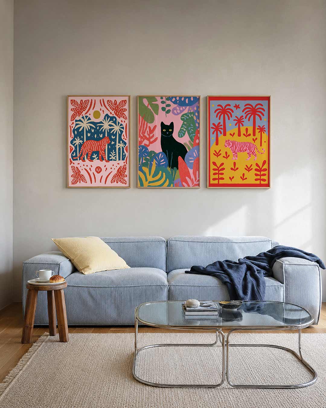 Jungle ritme posterset – tweede productweergave – deze posterset in drie delen toont een levendige tijger