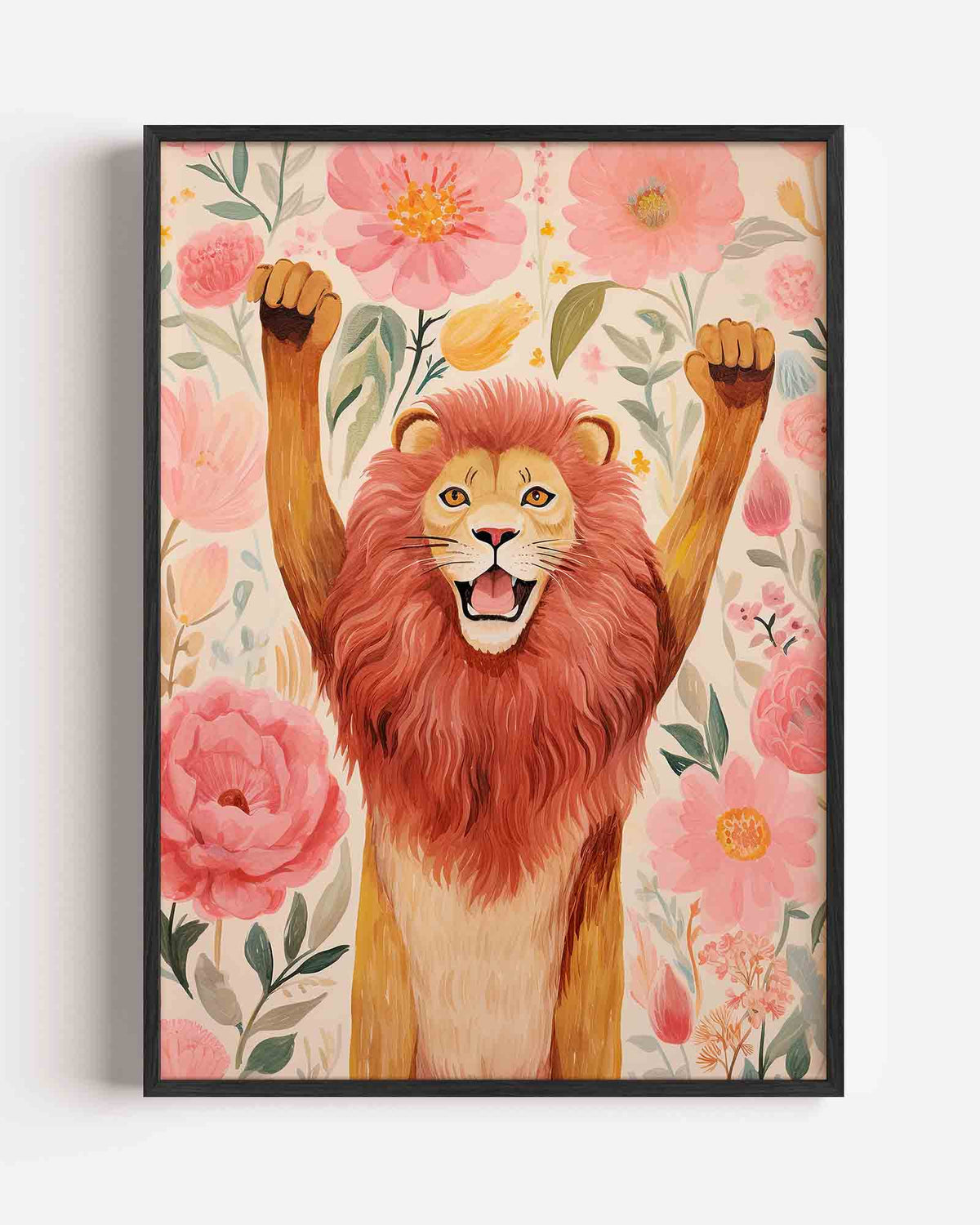 Leeuw en bloemen – kids portret poster als wanddecoratie