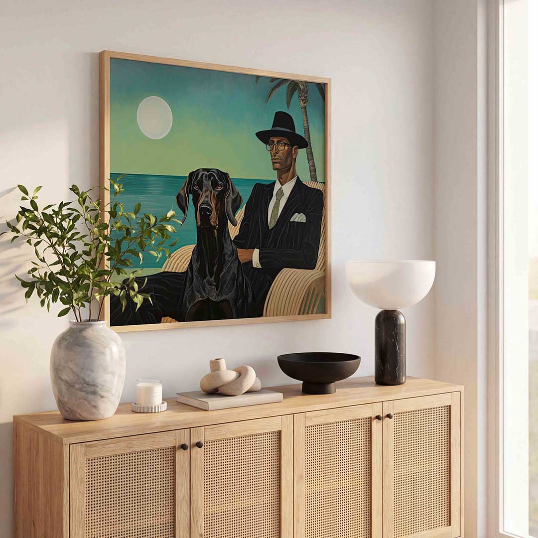 Man en hond bij zee – illustratie poster in vierkant formaat