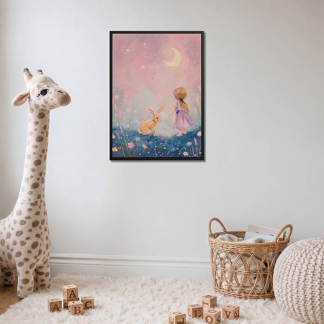 Dromerig kind en konijn – moderne staande wandkunst