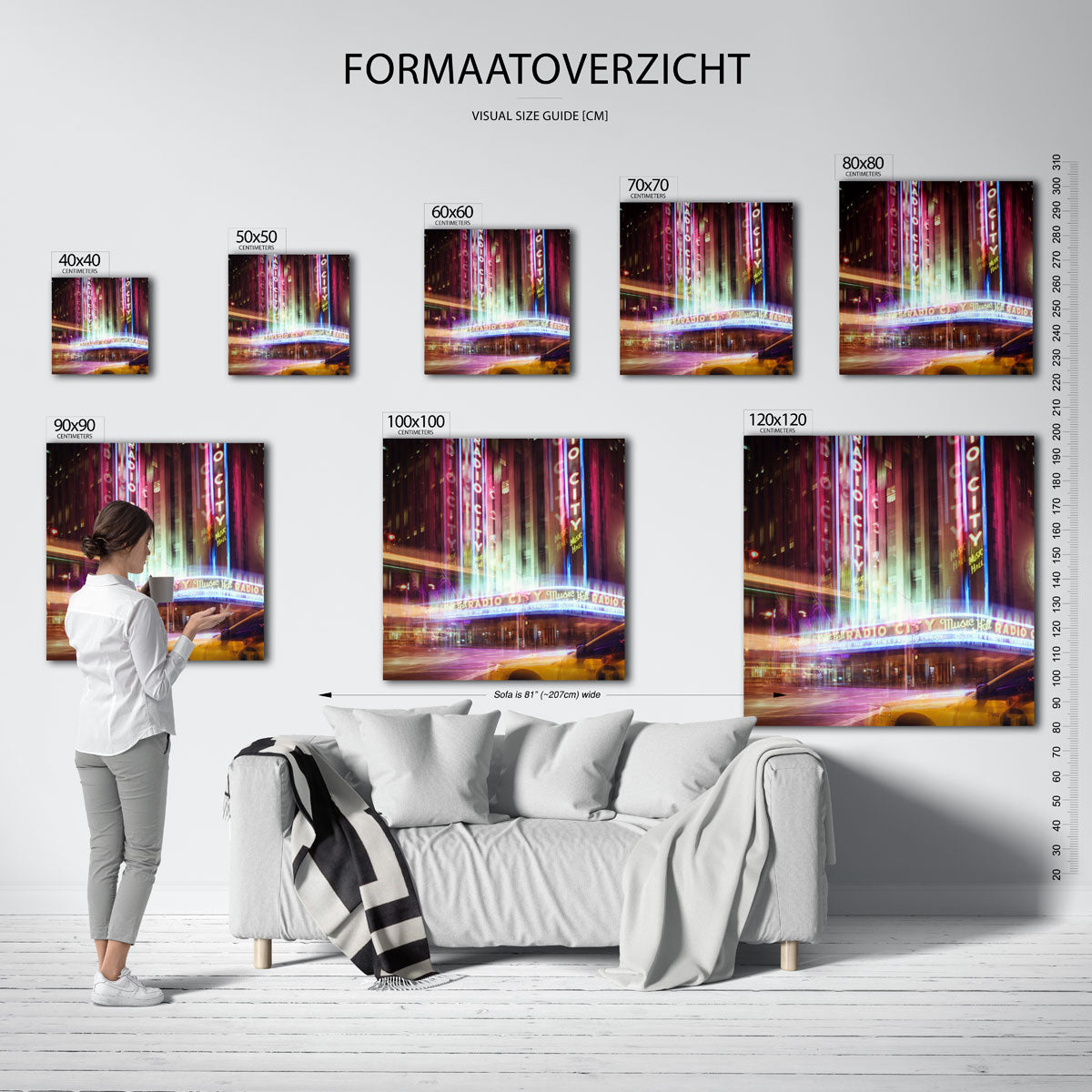 Neon stadssfeer poster – sfeerbeeld – deze poster toont een levendige stadsscène met kleurrijke neonlichten en een taxi op de