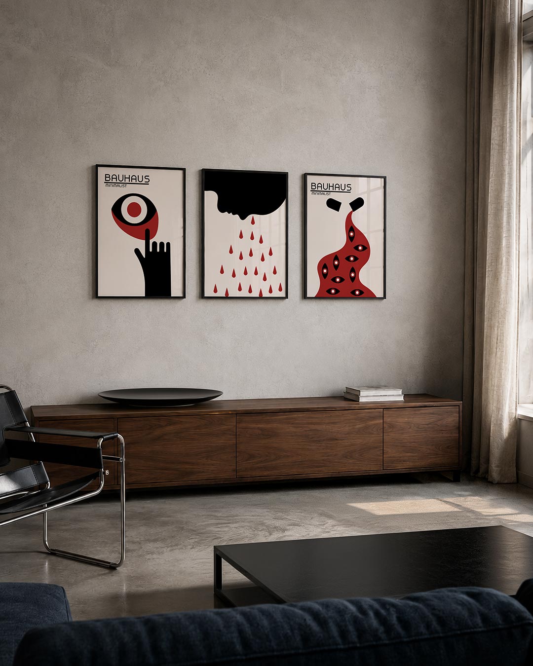 Vorm en kleur posterset – tweede productweergave – een hand wijst naar een oogvorm met een rode cirkel. De compositie speelt