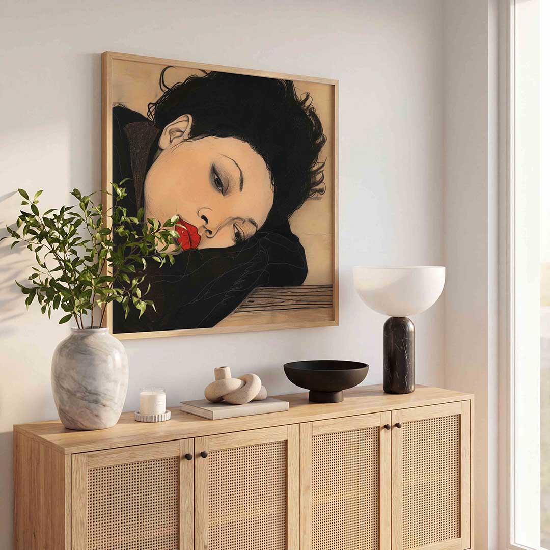 Vrouw met rode lippen – kunst en design poster in vierkant formaat