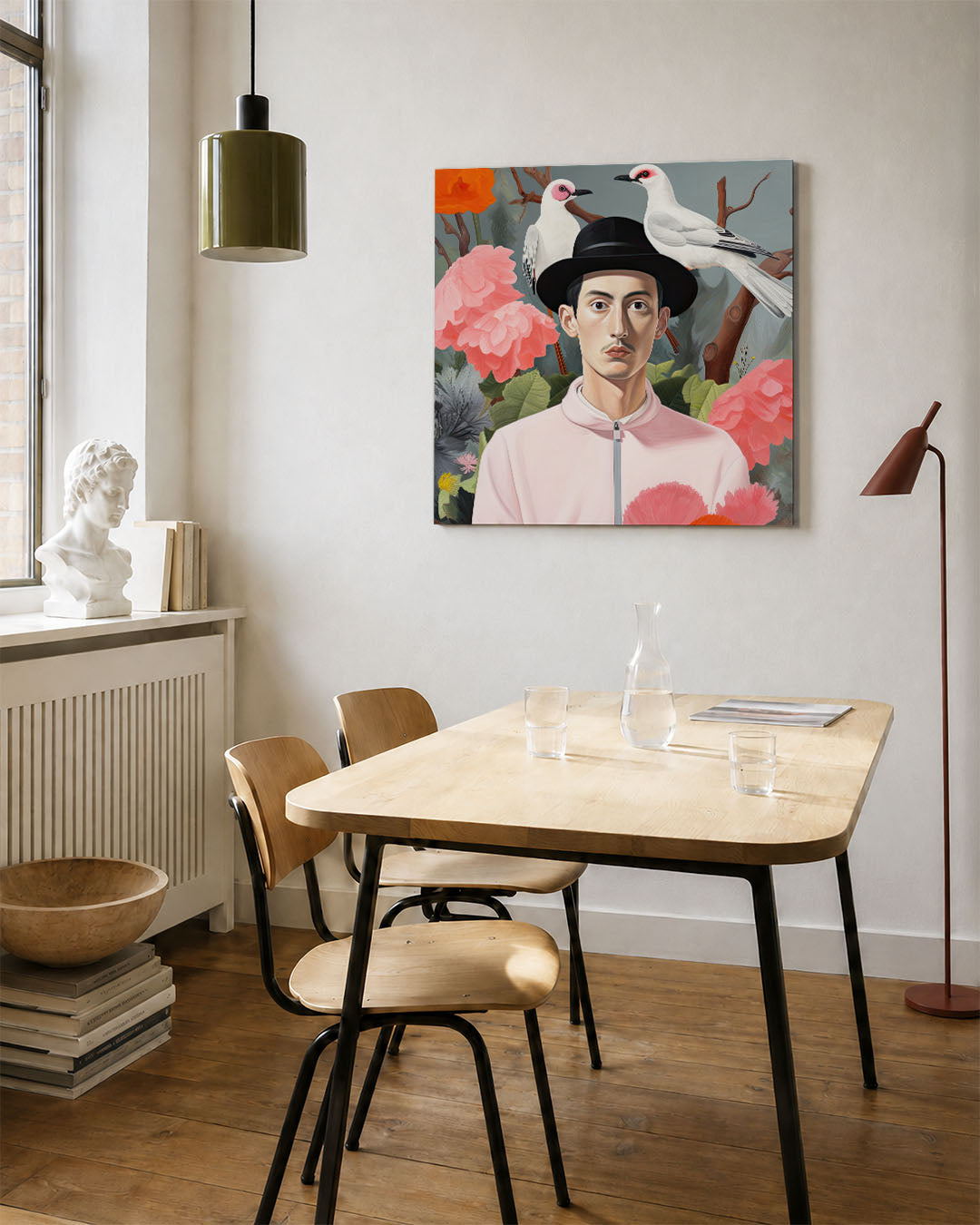 Vogels en bloemen portret kunstwerk – vierkante wanddecoratie – dit werk toont een man met een hoed, omringd door kleurrijke