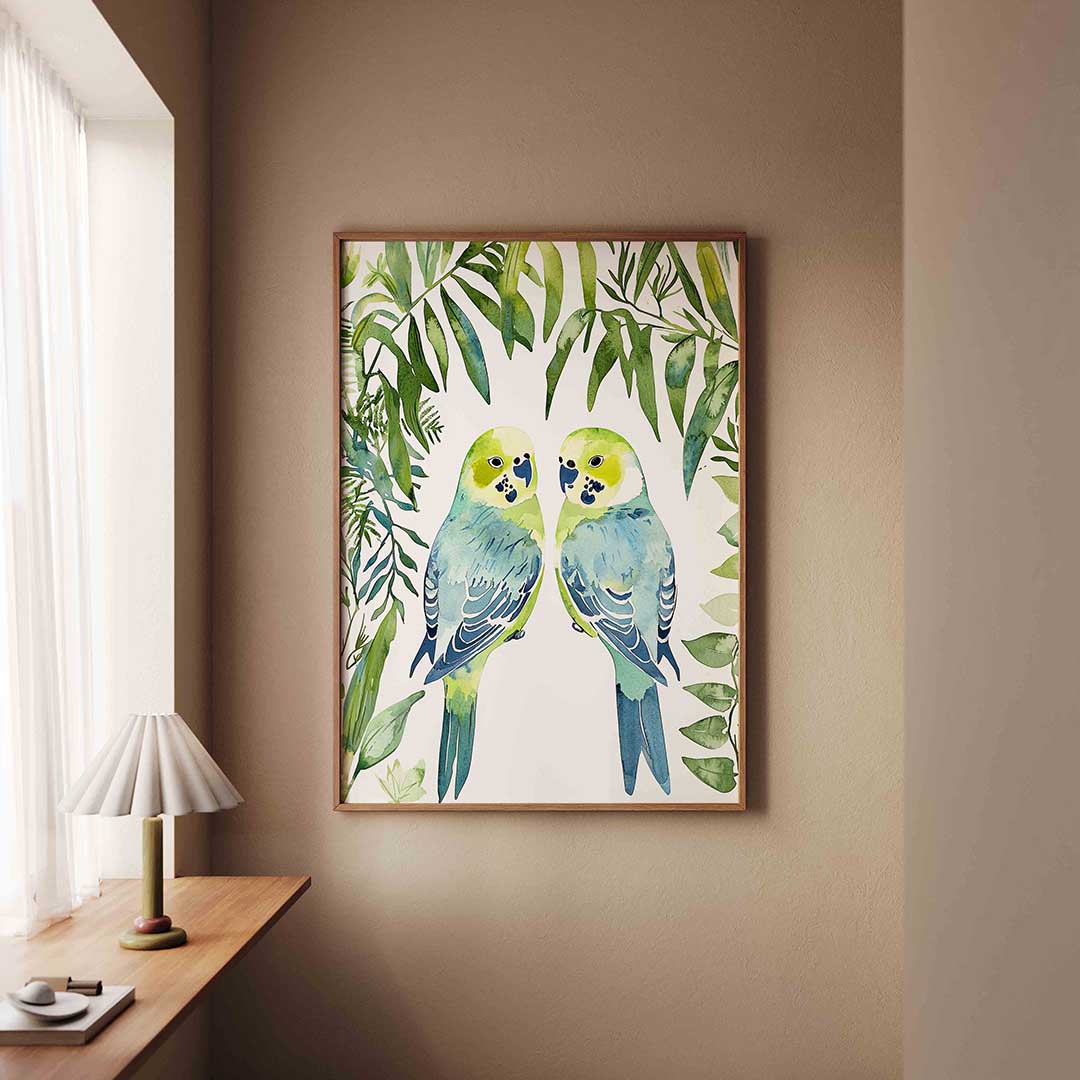 Twee parkieten – staande dieren wanddecoratie van WallArtistic