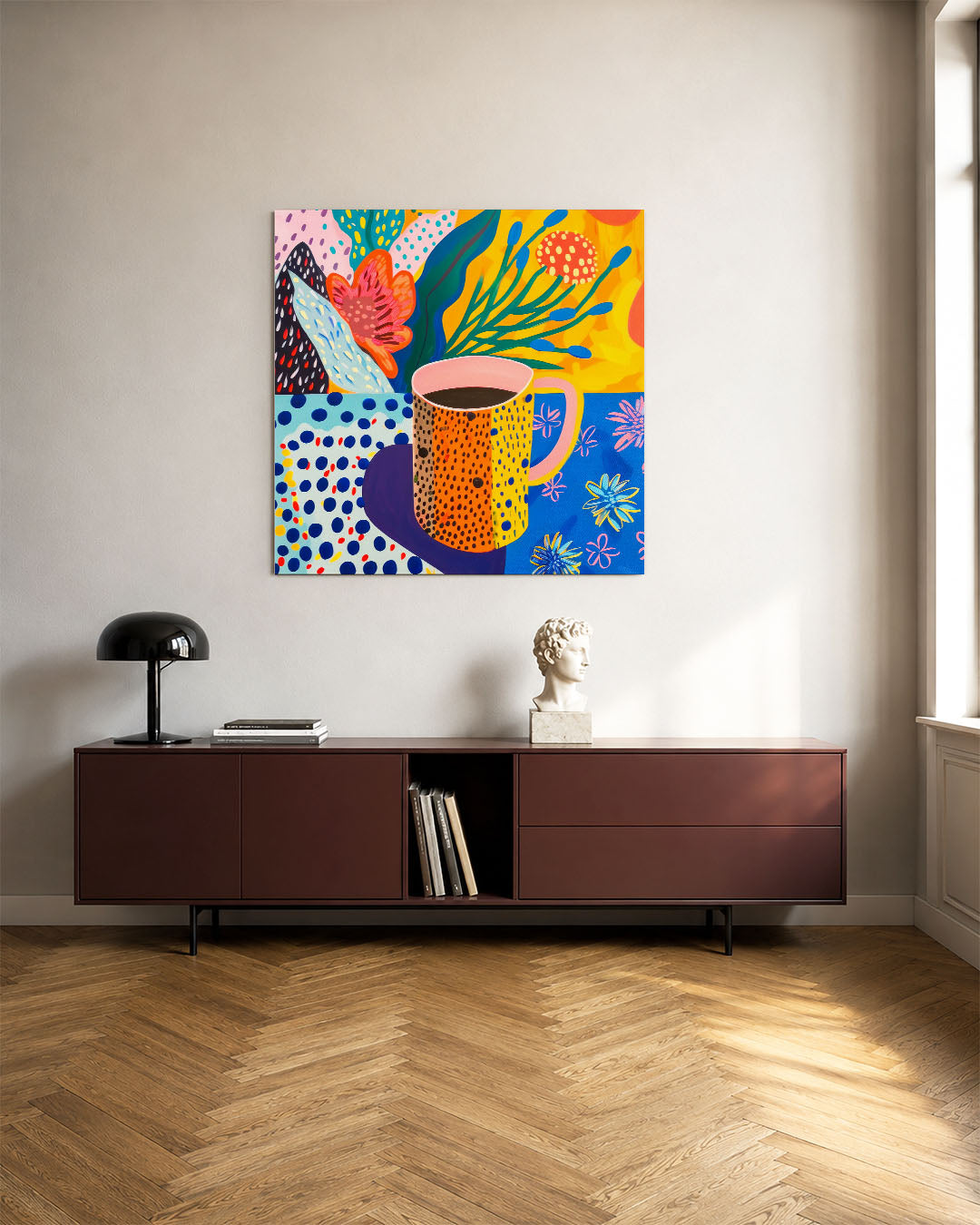 Kleurrijke patronen kunstwerk – tweede productweergave – dit werk toont een levendige compositie van patronen en vormen met