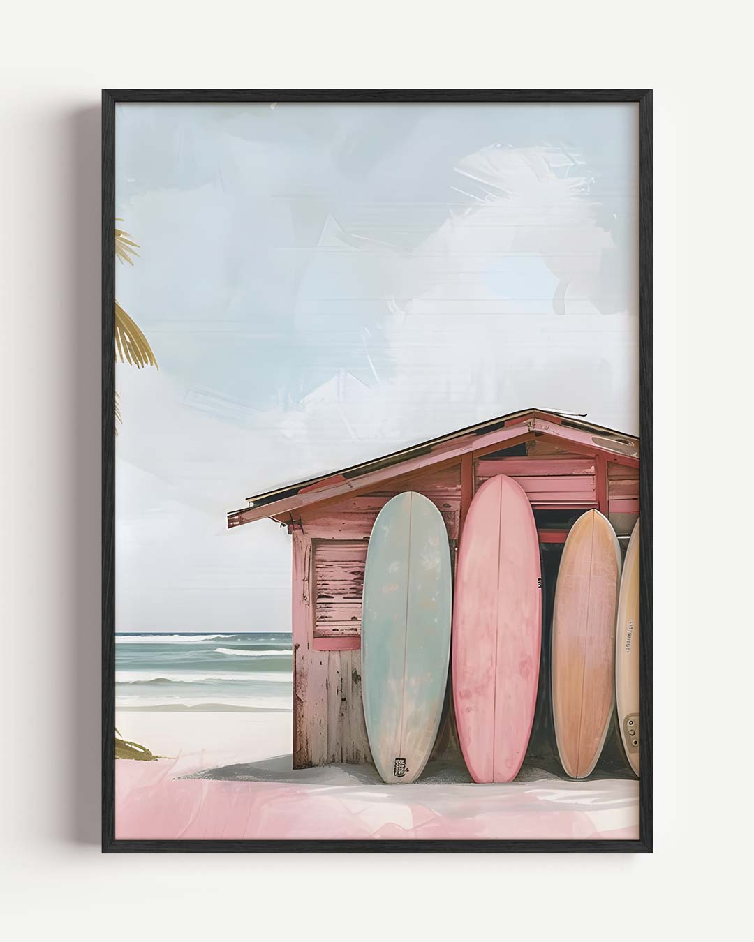 Strandhuisje met Surfboards – Popart en Streetart portret poster als wanddecoratie