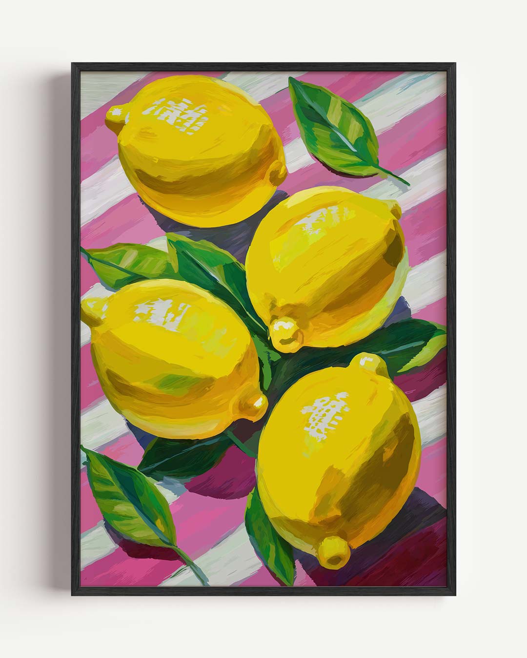 Vrolijke Citroenen op Roze Strepen – keuken portret poster als wanddecoratie