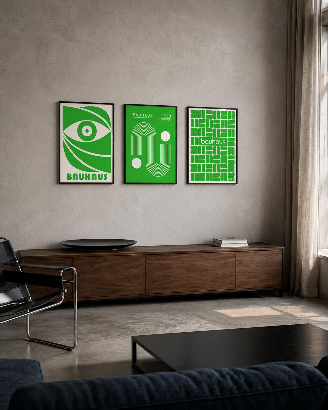 Oog en lijnen driedelige posterset – een groene oogvorm met dynamische lijnen en een cirkelpatroon. De compositie speelt met