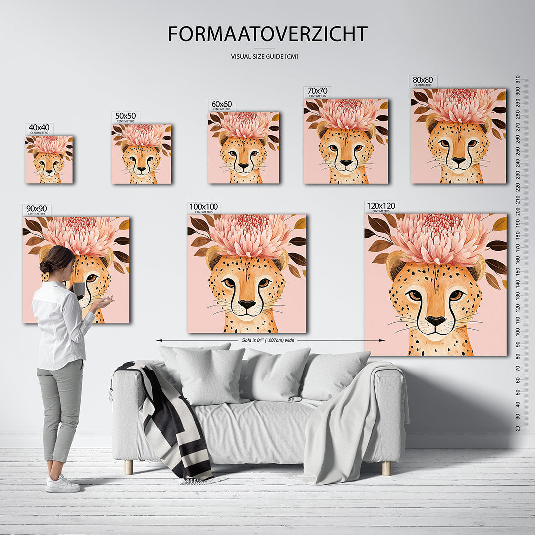Dromerige bloem kunstwerk – een dier met een grote bloem op zijn hoofd, omringd door bladeren. De zachte kleuren en vloeiende