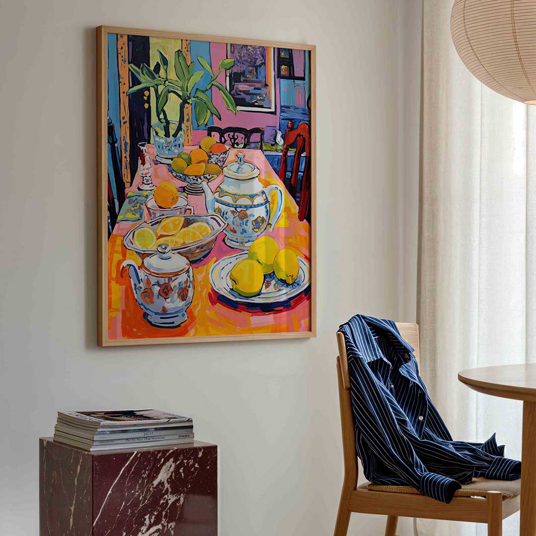 Citrus en theeservies – kleurrijke illustratie poster in staand formaat