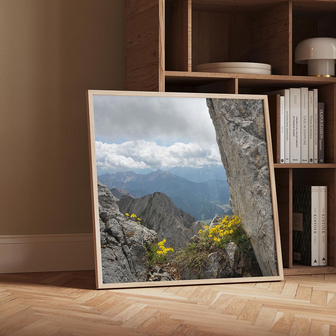 Berglandschap met bloemen poster – detailweergave – deze poster toont een indrukwekkend berglandschap met ruige rotsen en