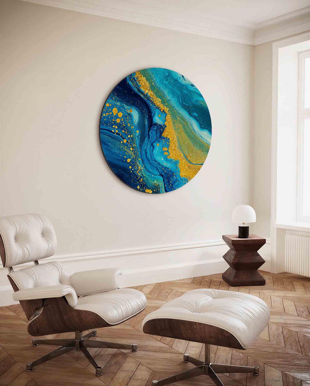 Blauwe en gouden – moderne ronde wanddecoratie met vrouwelijk portret