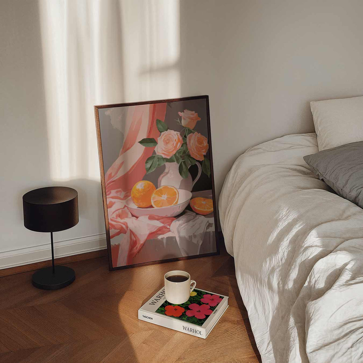Romantische Rozen en Sinaasappels – staande bloemen wanddecoratie van WallArtistic