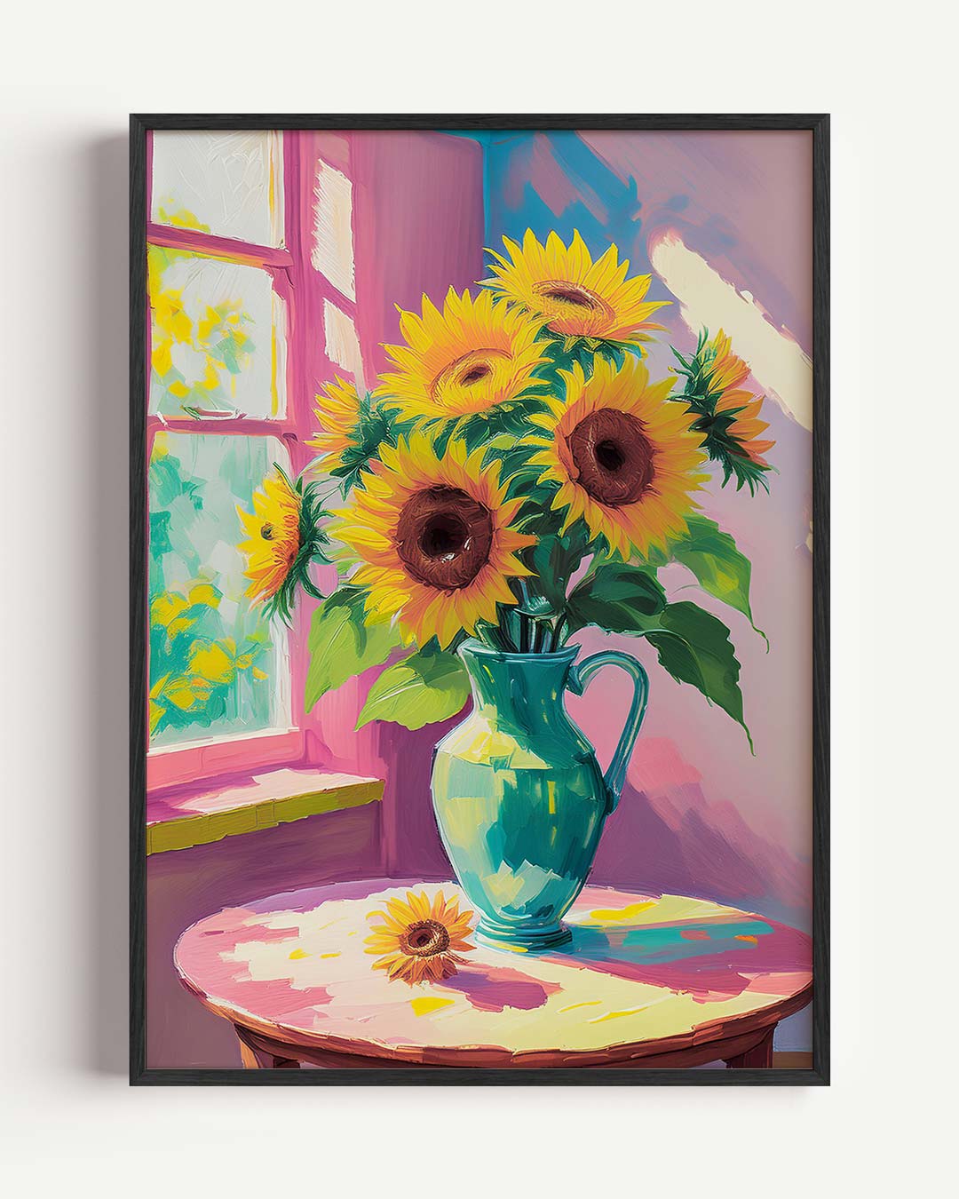 Zonnige Zonnebloemen in Vaas – bloemen portret poster als wanddecoratie