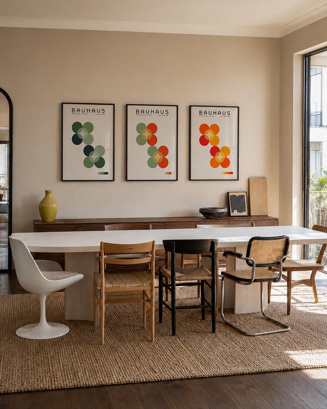 Groene cirkelharmonie posterset – tweede productweergave – deze posterset in drie delen toont een ritme van overlappende