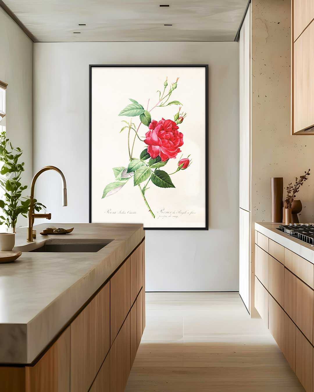 Bloeiende Rode Roos Illustratie – staande wandkunst voor woonkamer of interieur